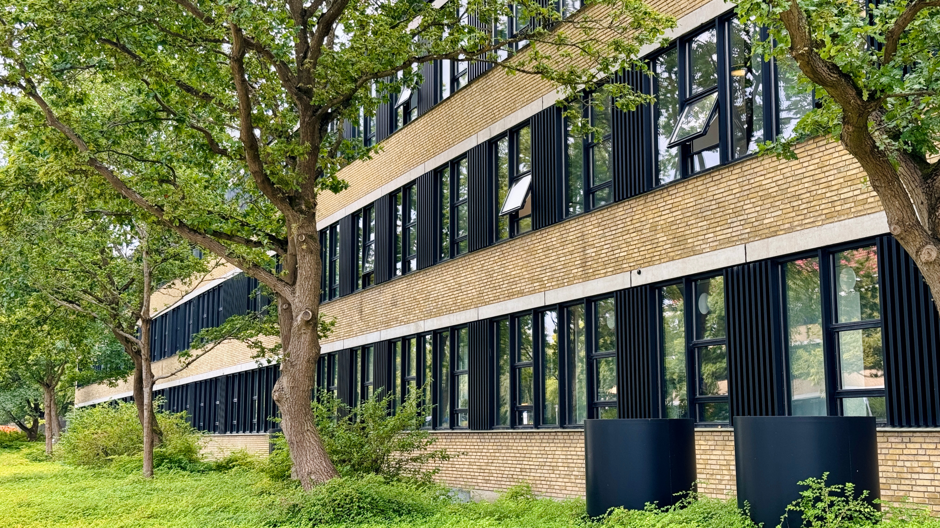 Picture of DTU building with characteristic yellow bricks.